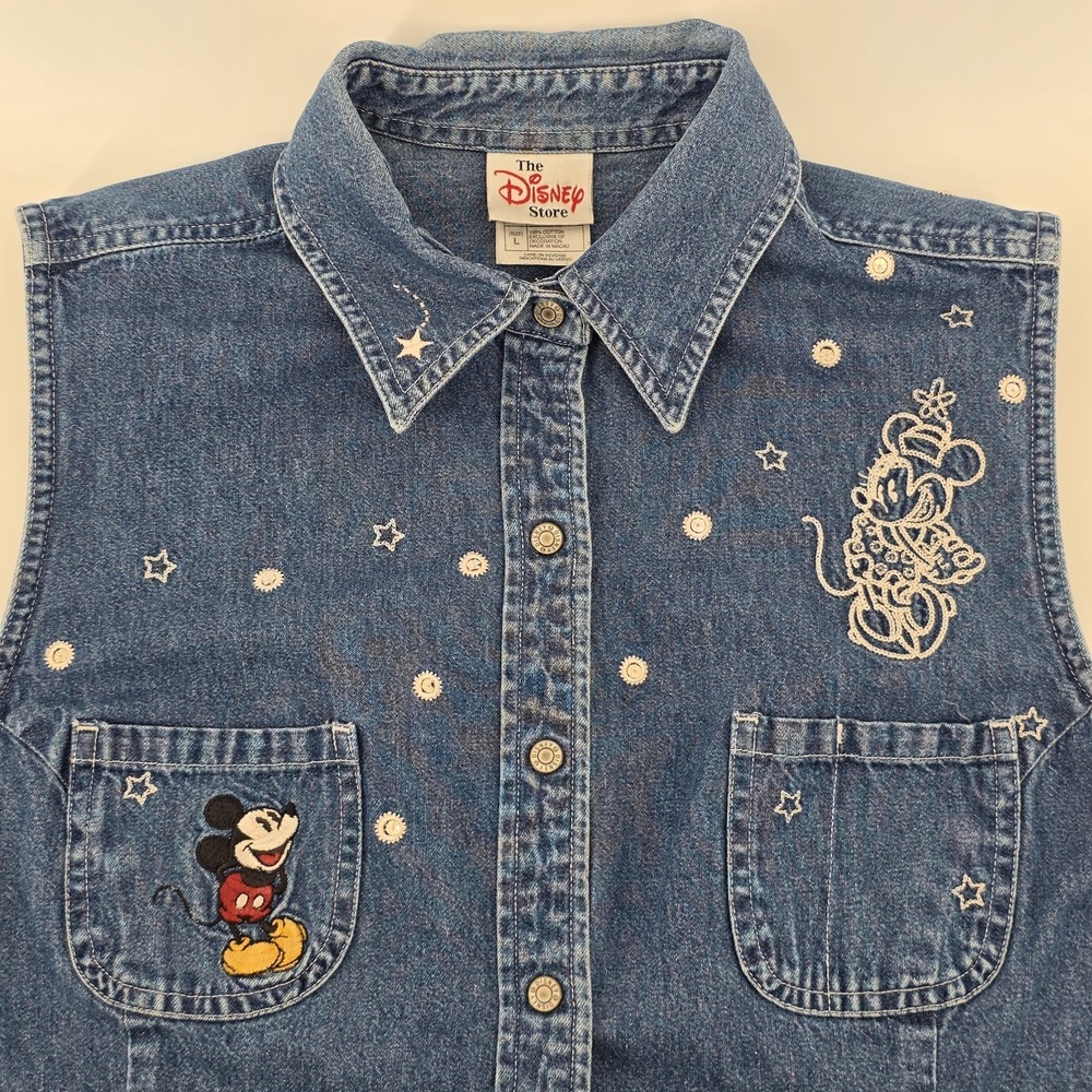 Disney Store Mickey Mouse Denim Women's Sleeveless Embroidered 100% Cotton Large - Picture 3 of 7
